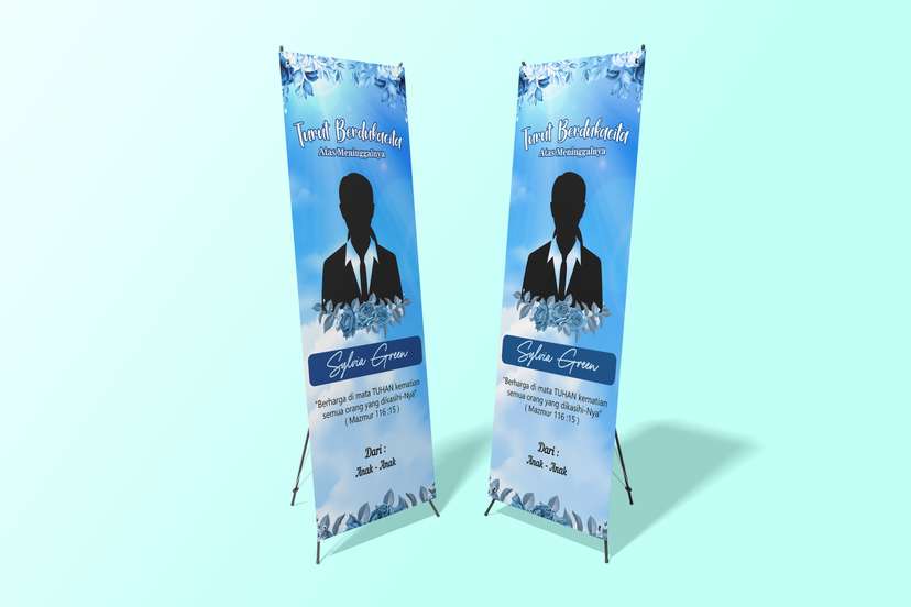 X Banner Kedukaan Dengan Tema Warna Biru Langit Dan Bunga - Image 1