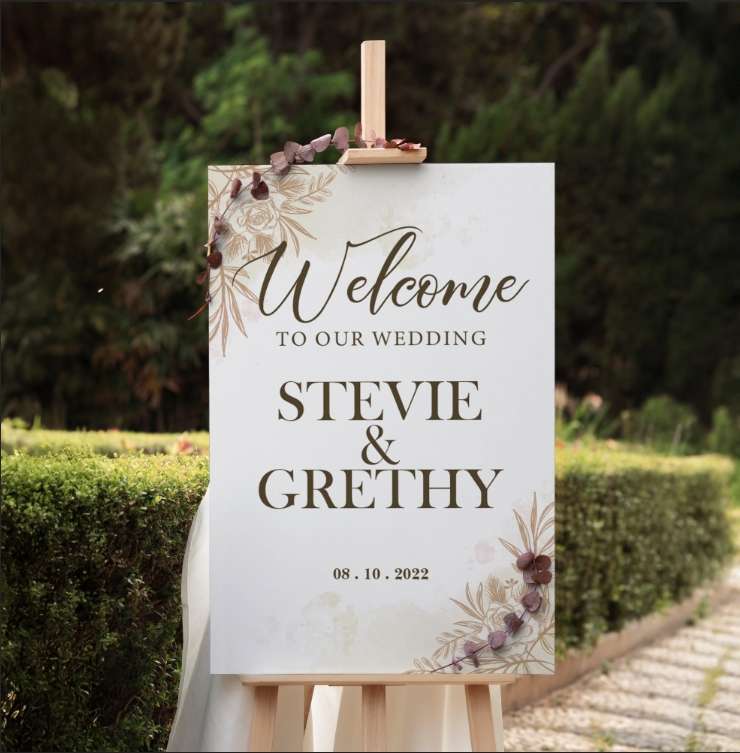 Wedding Sign White with Gold Flower - Image 1