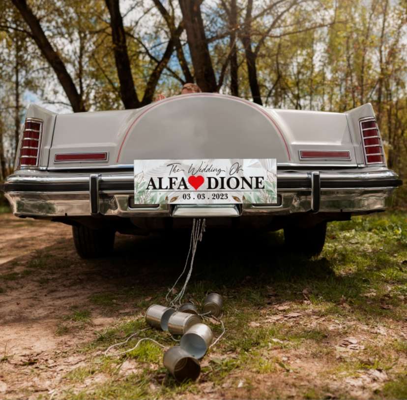 Wedding Car Plate White Green Flower - Image 1