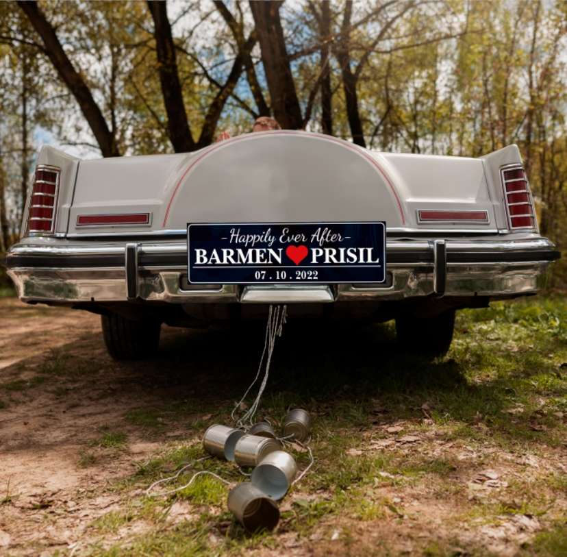 Wedding Car Plate Blue Flower - Image 1