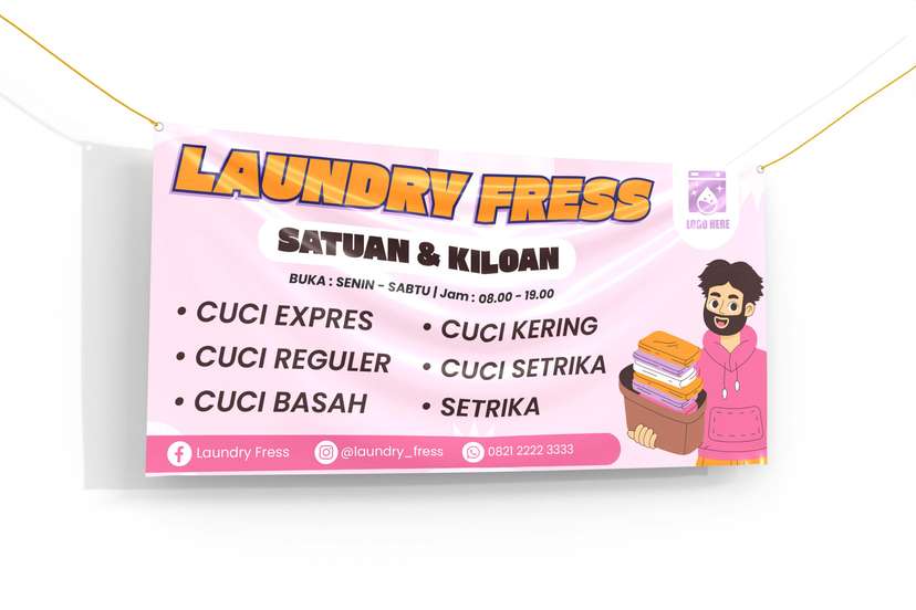 Banner Laundry Design Simple Warna Pink Orange - Image 1