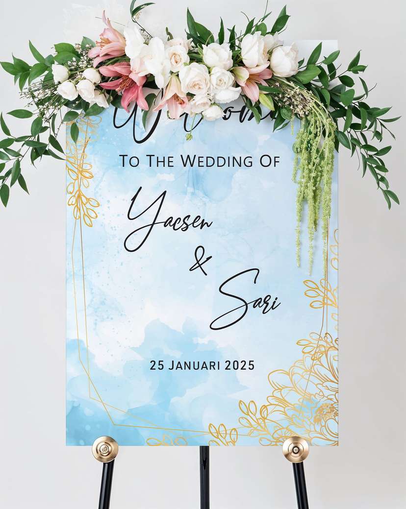 Welcome Sign Wedding Biru Langit Border Gold - Image 1