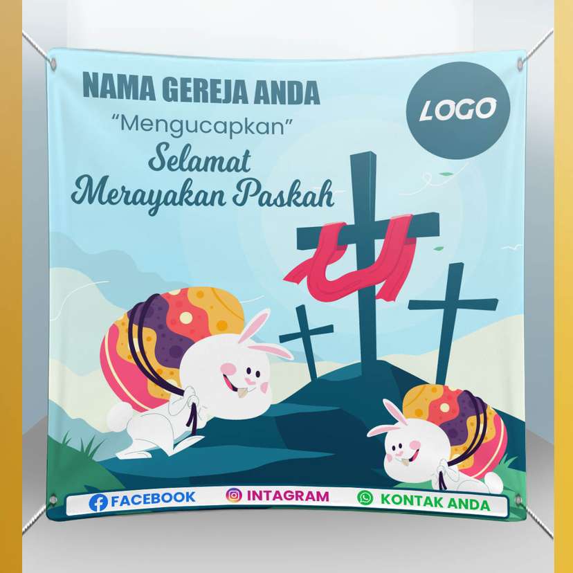 Baliho Paskah Biru Dengan Telur dan Kelinci - Image 1