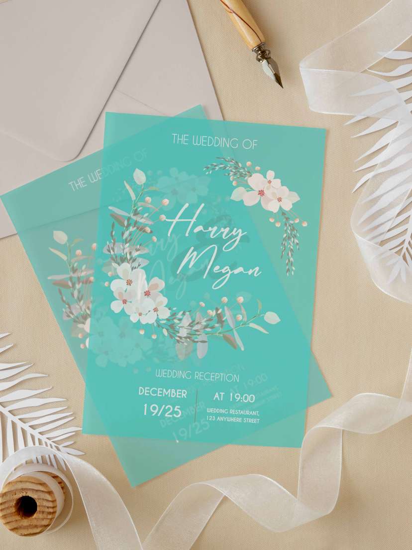 Undangan Wedding 2 Sisi Akrilik Biru Floral - Image 1