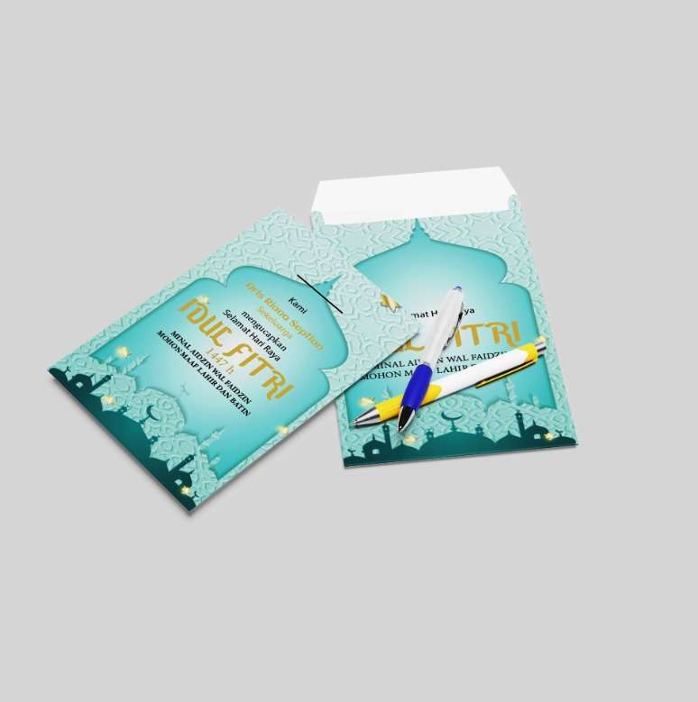 Amplop Idul Fitri Motif Ornamen Biru: Pesan Penuh Doa dengan Sentuhan Klasik Islami - Image 1