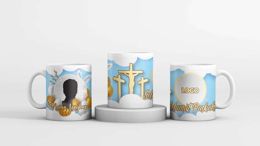 Mug Paskah Putih Gold Background Biru - Image 1