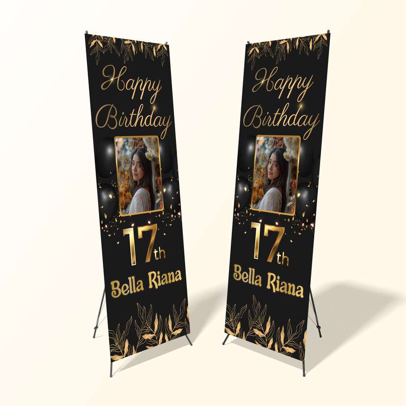 X Banner Ulang Tahun 17 Tahun Tema Gold Hitam - Image 1
