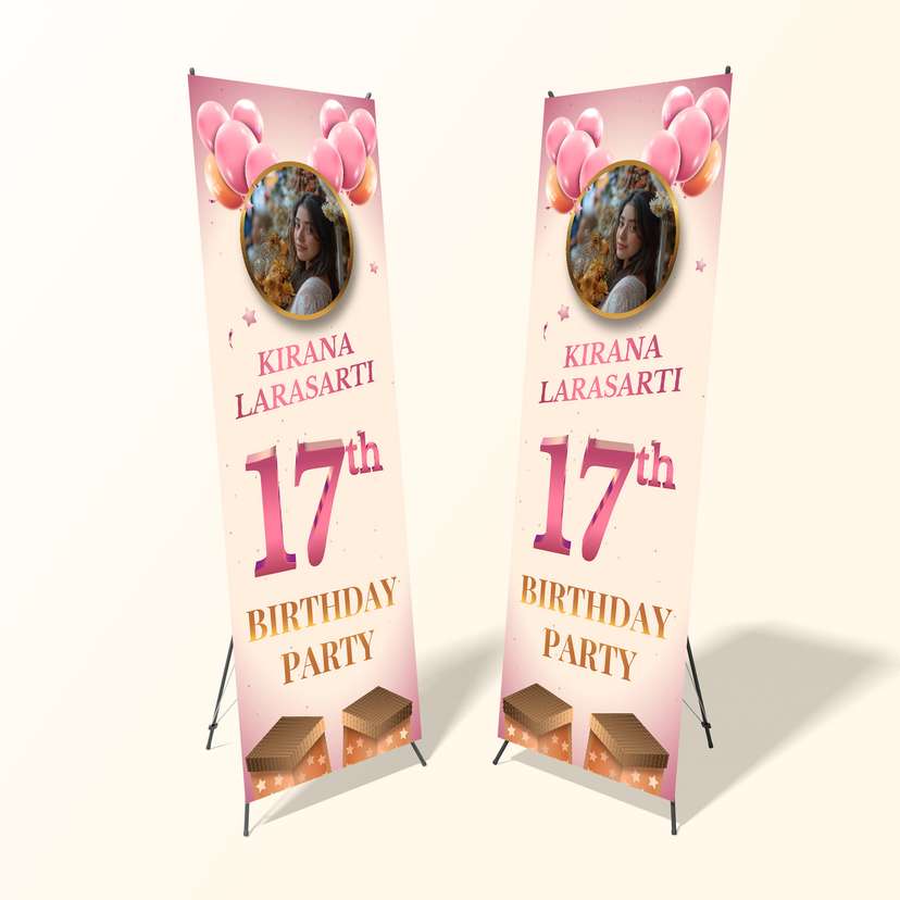 X Banner Ulang Tahun 17 Tahun Tema Pink Krem - Image 1