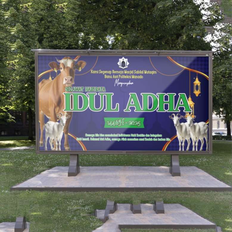 Baliho Idul Adha 2025 Nuansa Hijau & Biru dengan Sapi dan Kambing Qurban - Image 1