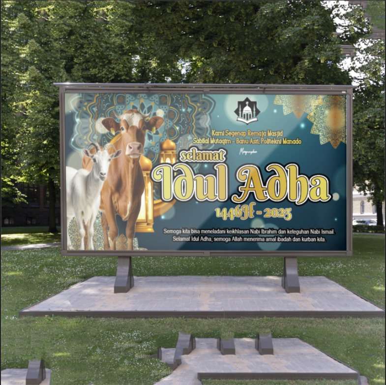 Baliho Idul Adha 1446H dengan Ornamen Islami Elegan dan Ilustrasi Hewan Qurban - Image 1
