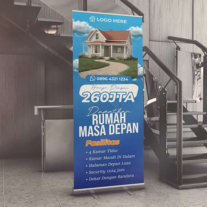 Roll Up Banner Property Rumah Dengan Desain Simple Warna Dominan Biru - Image 1