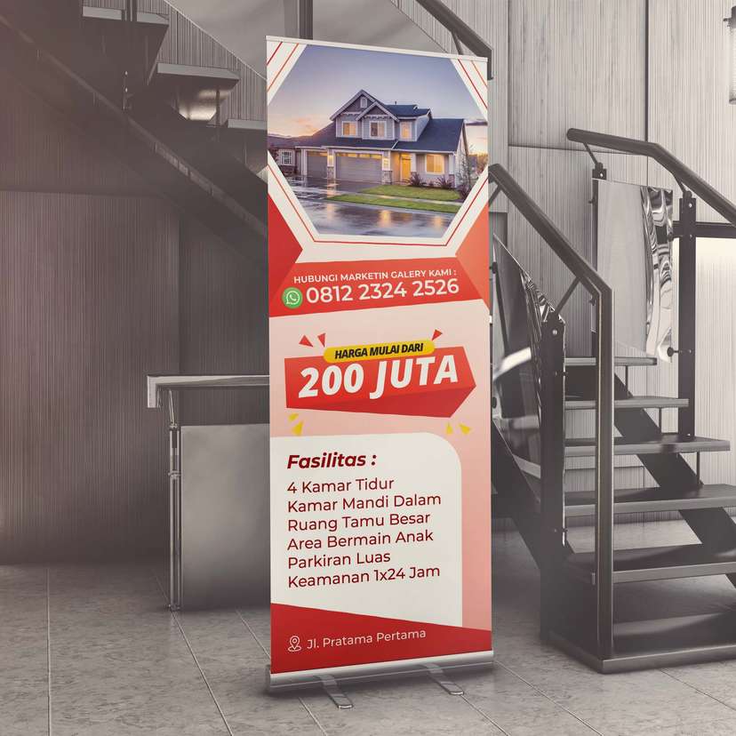 Roll Up Banner Property Rumah Dengan Desain Simple Warna Dominan Merah - Image 1