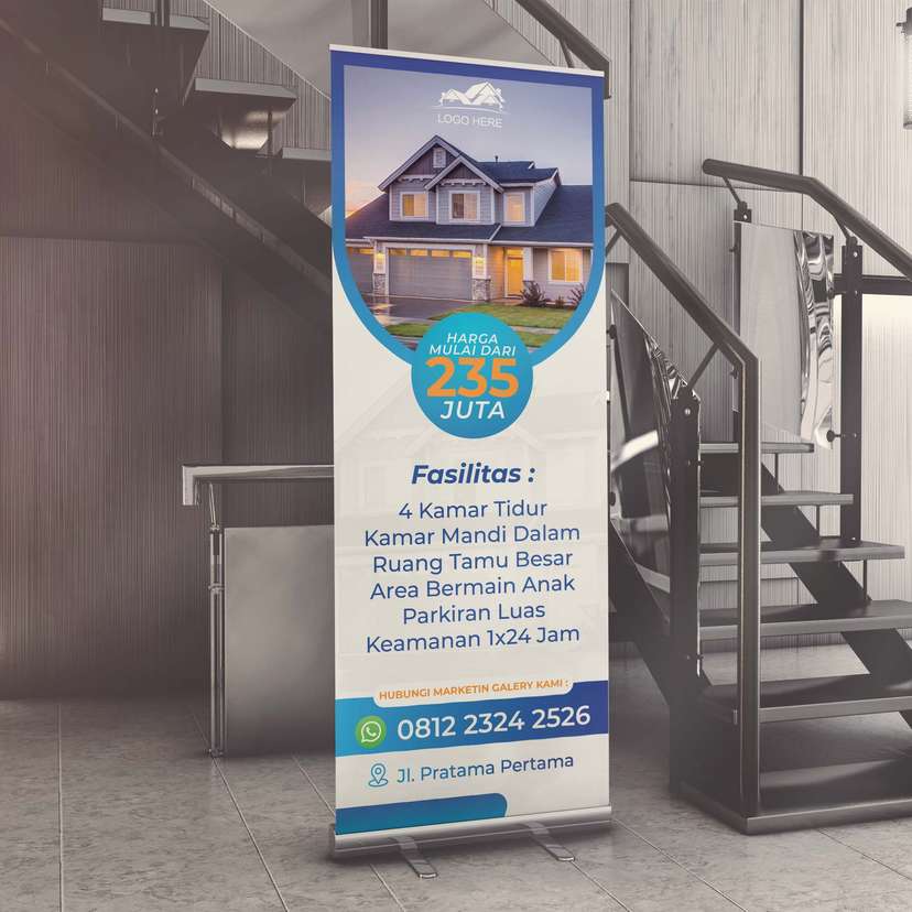 Roll Up Banner Property Rumah Dengan Desain Simple Warna Dominan Biru Muda Putih - Image 1