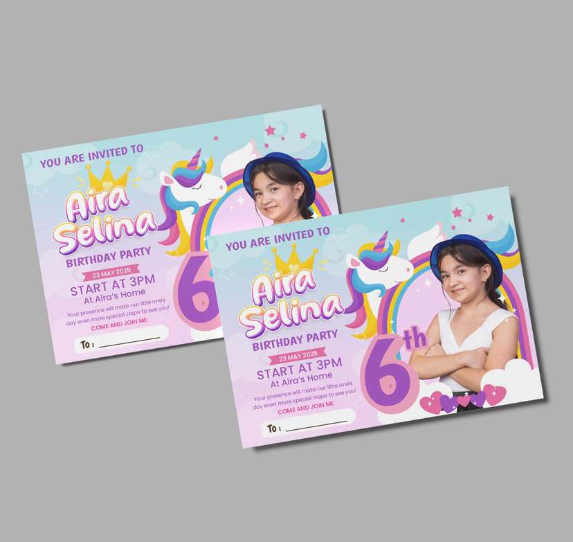 Undangan Ulang Tahun Ceria dengan Tema Unicorn dan Pelangi - Image 1