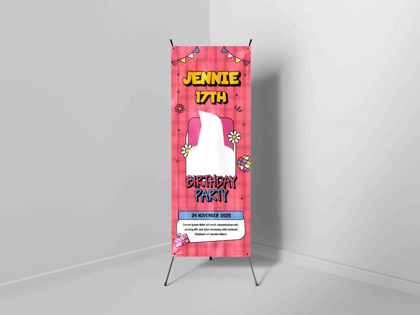 X-Banner Ulang Tahun 17th dengan Tema Kartun Ceria dan Warna Pink - Image 1