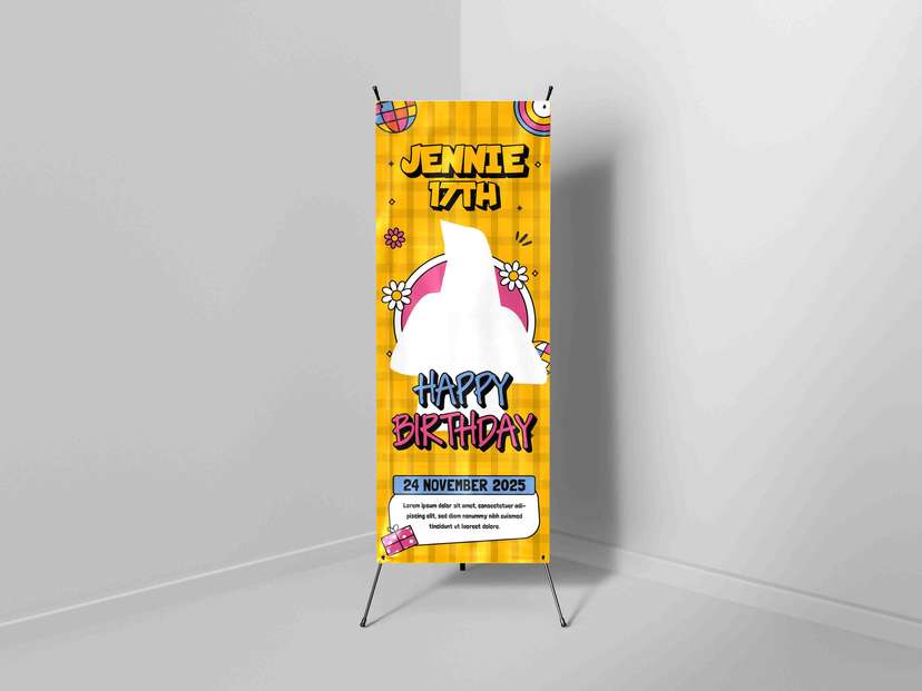 X-Banner Ulang Tahun Jennie ke-17 dengan Tema Ceria Pop Art Kuning - Image 1