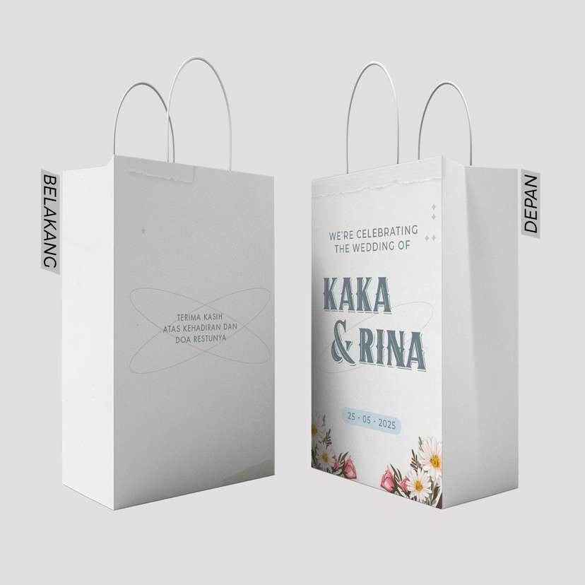 Paper Bag Pernikahan Putih dengan Desain Bunga dan Ribbon - Image 1