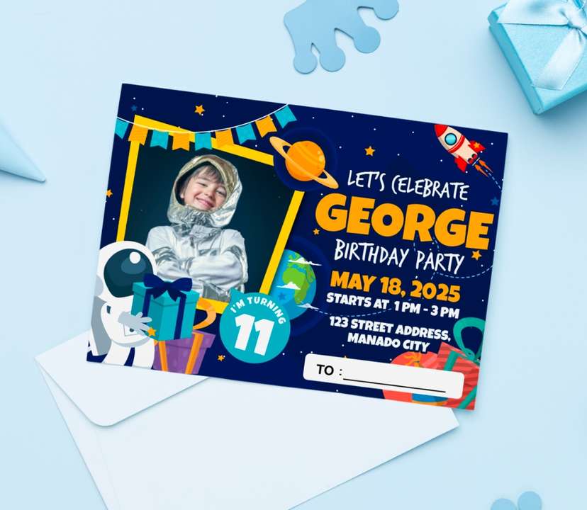 Undangan Ulang Tahun Tema Astronaut Kartun - Image 1