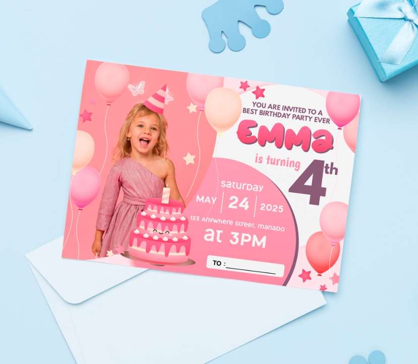 Undangan Ulang Tahun Lucu Anak Perempuan Warna Pink - Image 1