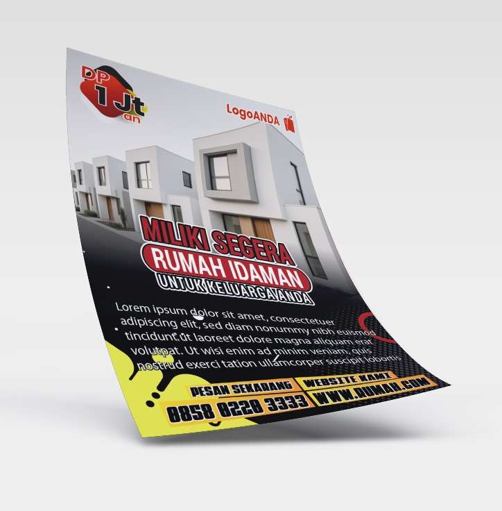 Desain flyer brosur perumahan Rumah Idaman dengan Nuansa hitam aksen kuning polkadot - Image 1