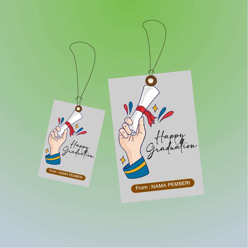 Hangtag Wisuda dengan Tangan dan Scroll Ilustratif - Image 1