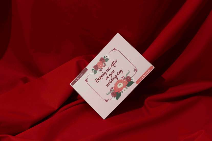 Kartu Ucapan Pernikahan Pink dengan Bunga Merah dan Kalimat Bahagia - Image 1