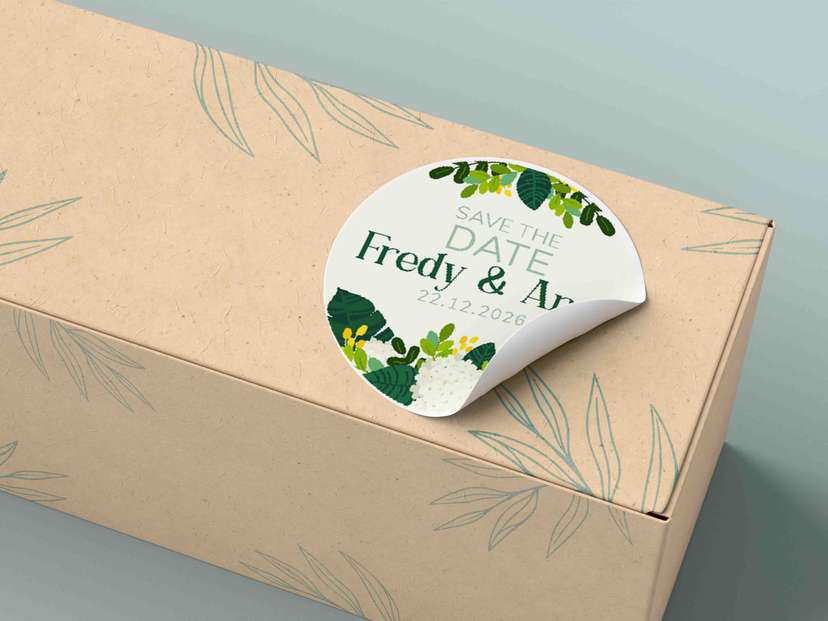 Stiker Save The Date Floral Greenery dengan Nama Pasangan dan Tanggal Pernikahan - Image 1