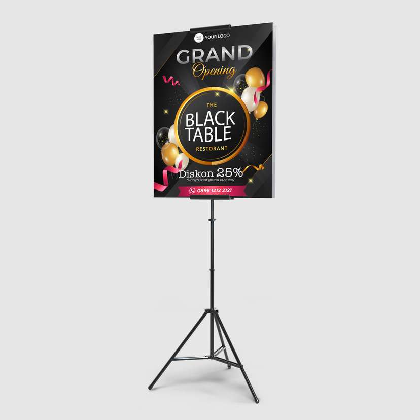 Foamboard Sign Stand Promo Grand Opening Hitam Gold Mewah - Image 1