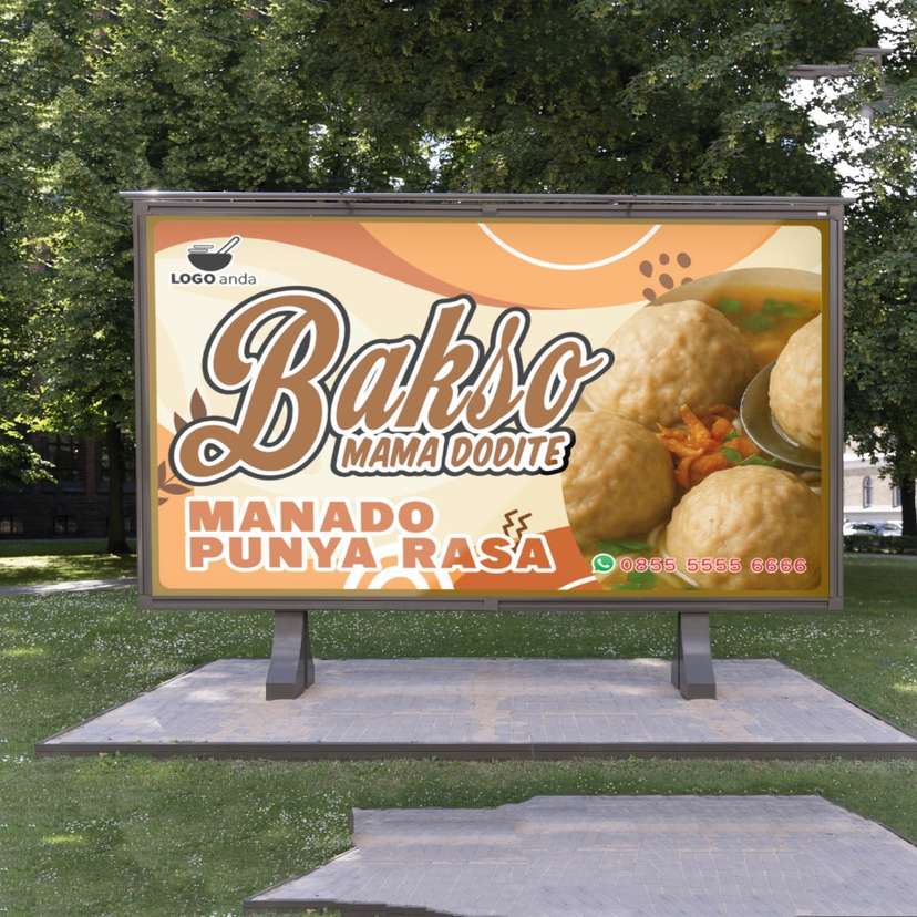 Desain baliho jualan dagang bakso nuansa orange kuning coklat nyaman hangat - Image 1