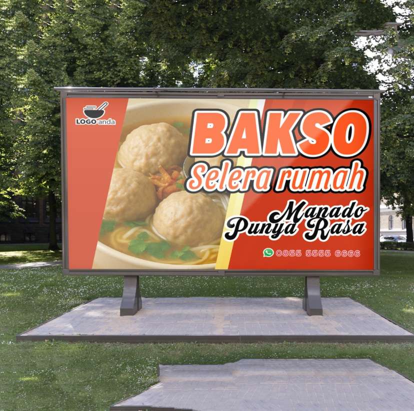 Desain baliho jualan dagang bakso nuansa merah aksen kuning slice - Image 1