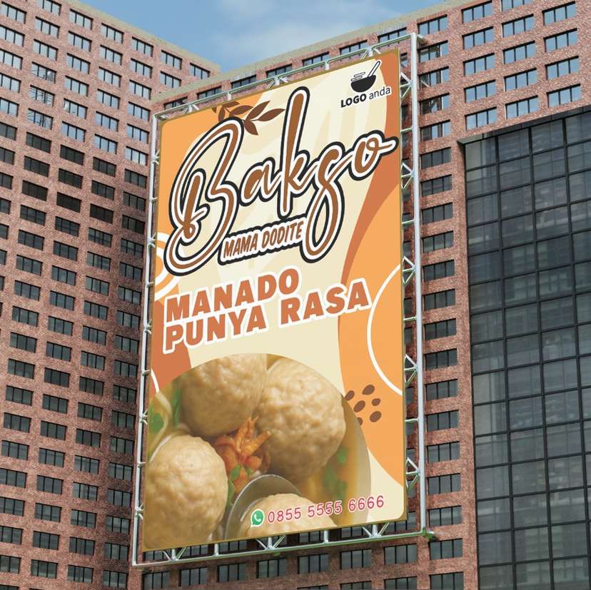 Desain baliho jualan dagang bakso vertikal nuansa orange kuning coklat nyaman hangat - Image 1
