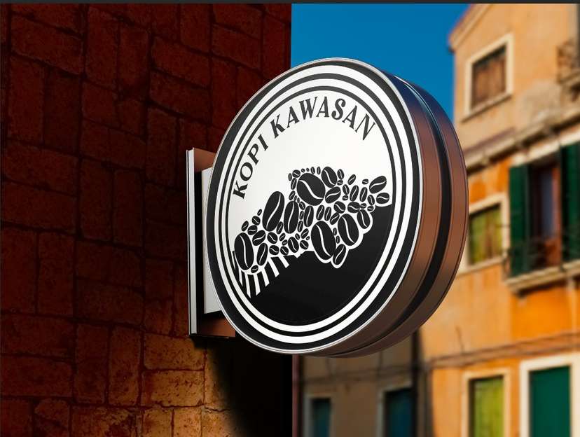 Neon Sign Box Kopi Kawasan dengan Siluet Pegunungan dan Biji Kopi Artistik - Image 1