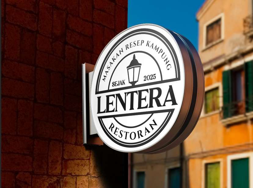 Neon Sign Box Restoran Lentera Gaya Tradisional Elegan dengan Simbol Lampu Kampung - Image 1