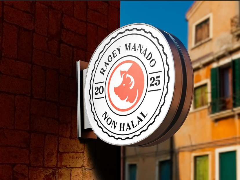 Neon Sign Box Ragey Manado Non Halal Gaya Simbolik Modern Khas Daging Babi - Image 1