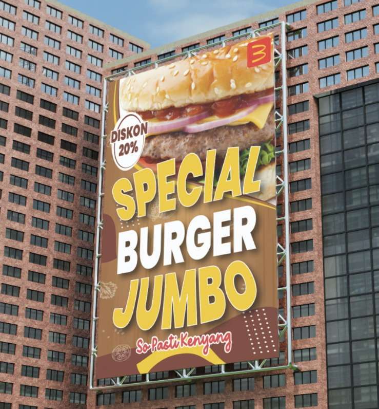Baliho Vertikal Promo Burger Jumbo – Diskon 20% So Pasti Kenyang - Image 1