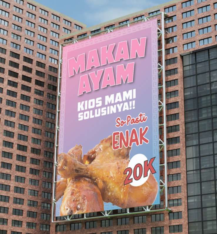 Baliho Vertikal Kios Mami – Makan Ayam Cuma 20K, So Pasti Enak! - Image 1