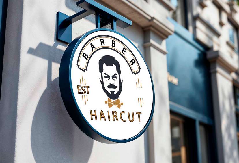 Neon Box Barber Haircut Klasik dengan Ikon Pria Berkumis - Image 1