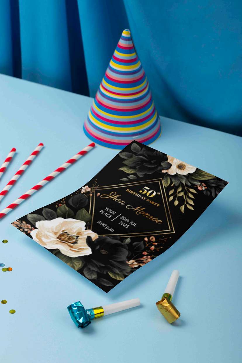 Undangan Ulang Tahun 50 Tahun Floral Elegan Hitam Gold - Image 1