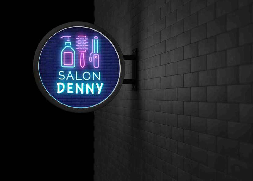 Neon Box Bulat Salon Denny dengan Ikon Hair Styling Neon - Image 1
