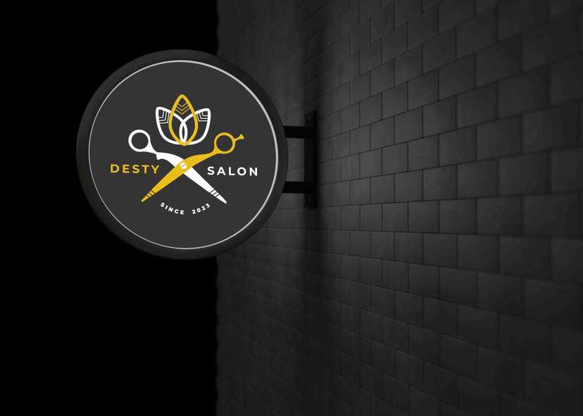 Neon Box Bulat Desty Salon dengan Kombinasi Gunting dan Bunga - Image 1