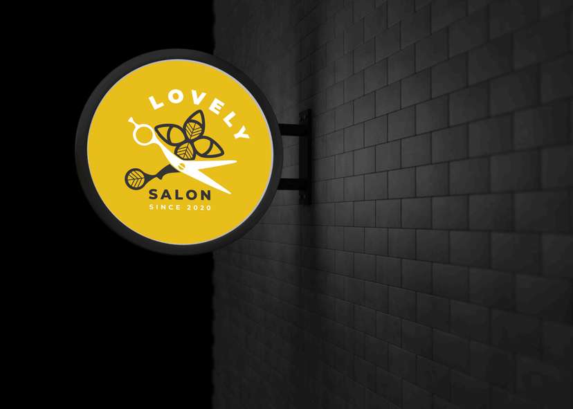 Neon Box Bulat Salon Desain Logo Cantik dengan Elemen Gunting - Image 1