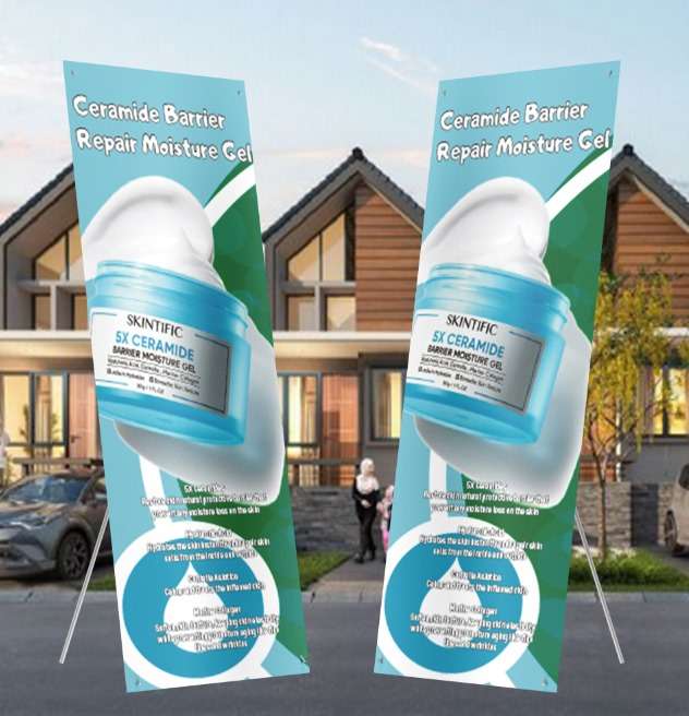 X-Banner Promo Skintific 5X Ceramide Barrier Moisture Gel dengan Desain Biru Putih Fresh dan Clean - Image 1