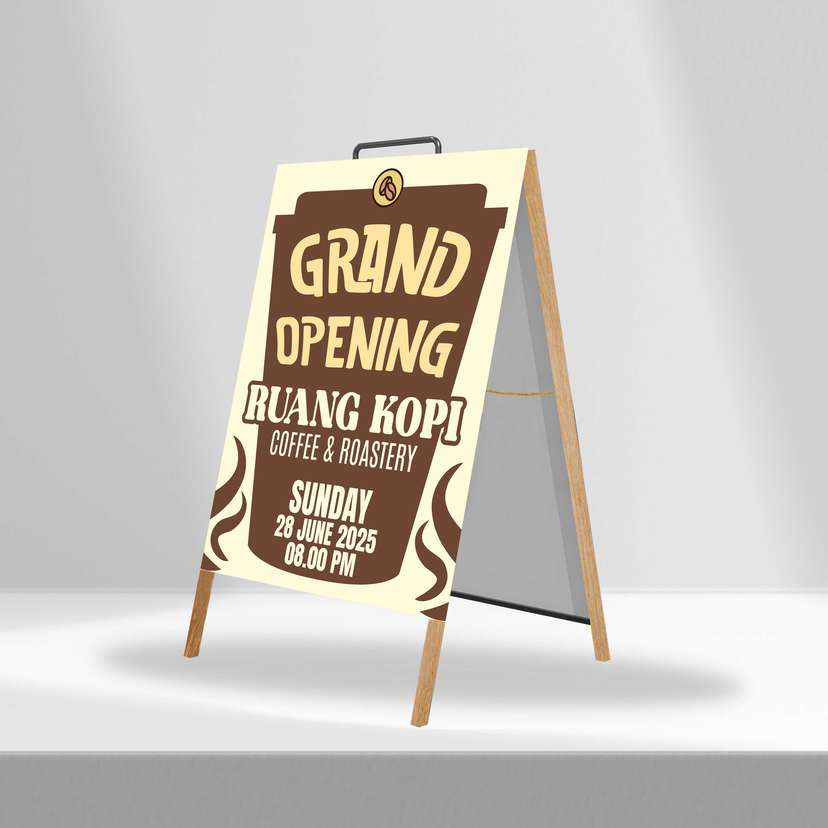 Triangle Stand Banner Kayu Opening Ruang Kopi - Image 1