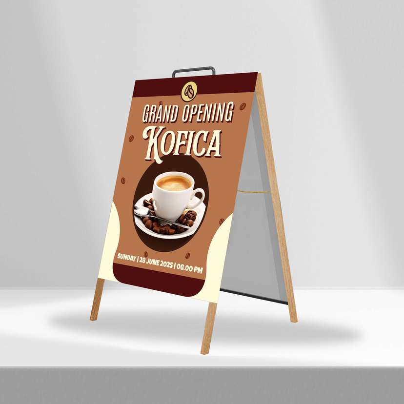 Triangle Stand Banner Kayu Opening Kofica - Image 1