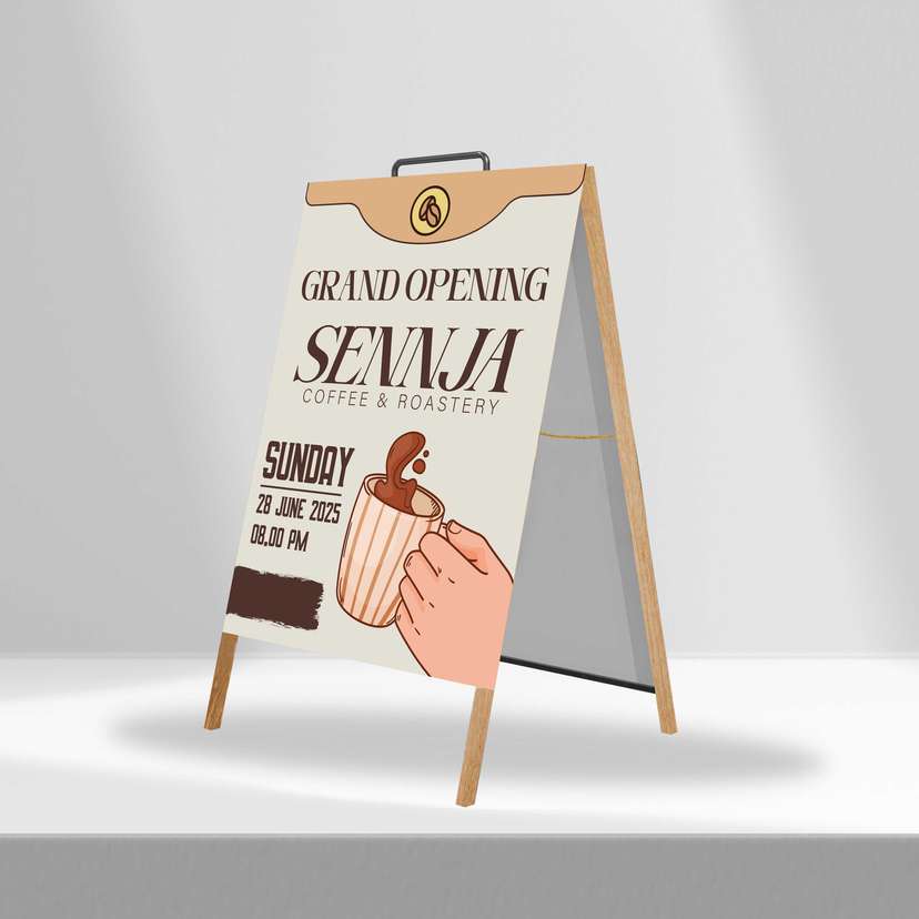 Triangle Stand Banner Kayu Opening Kopi Senja - Image 1