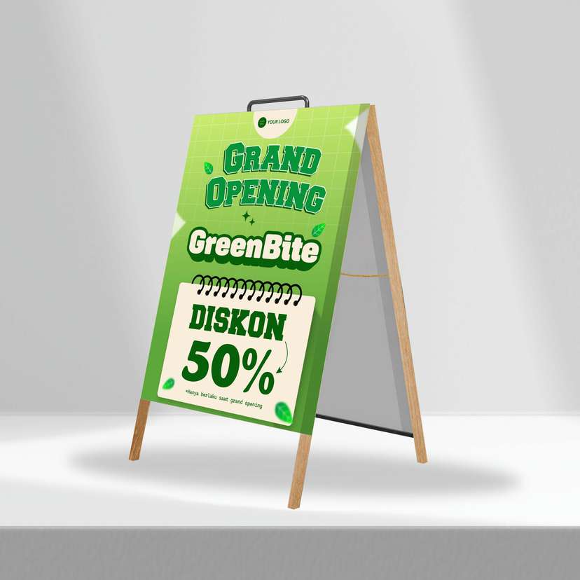Triangle Stand Banner Kayu Opening GreenBite - Image 1