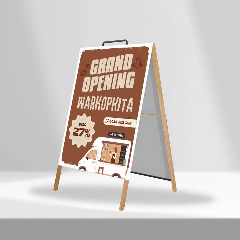 Triangle Stand Banner Kayu Opening Warkopkita - Image 1