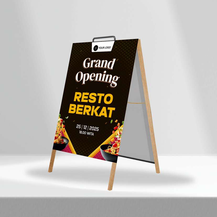 Triangle Stand Banner Kayu Opening Resto Berkat - Image 1