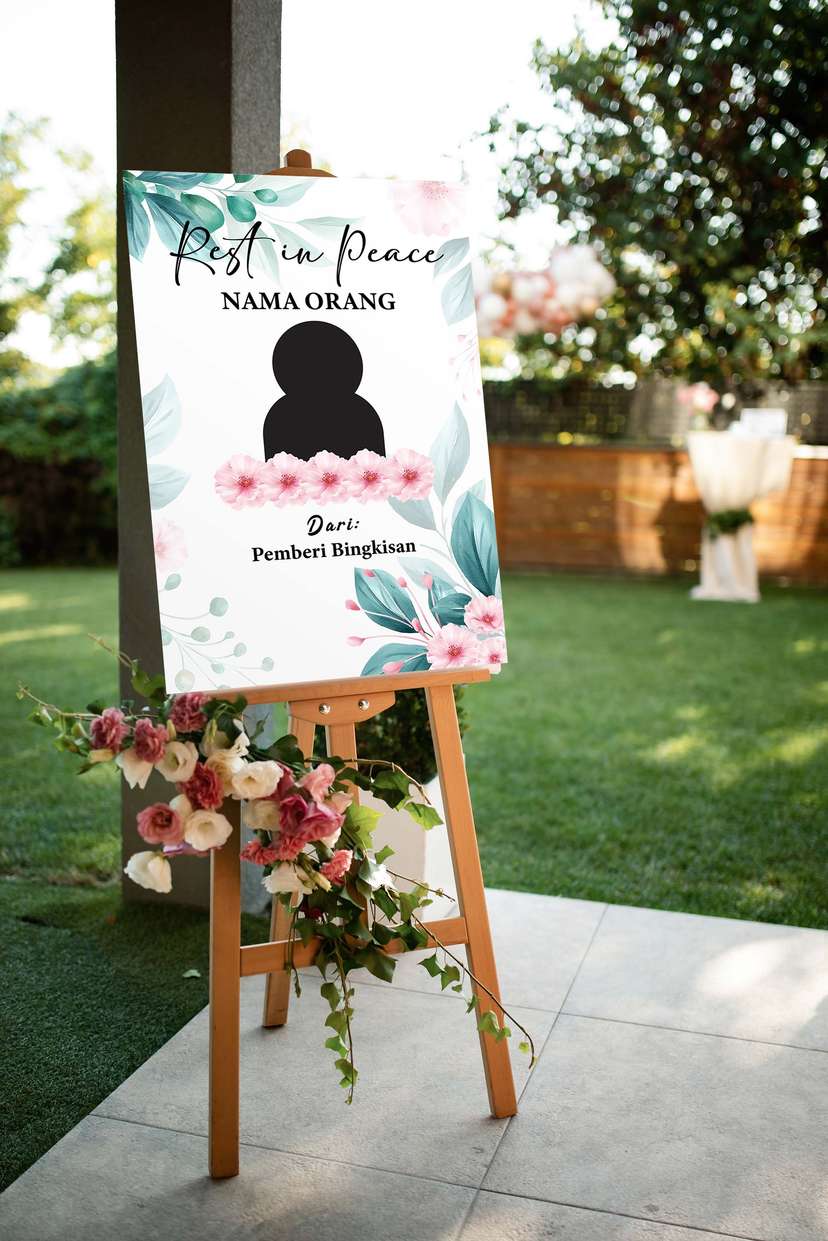 Acrylic Sign Tripod Kedukaan Lembut dengan Sentuhan Bunga Pink Pastel dan Daun Hijau yang Menenangkan - Image 1