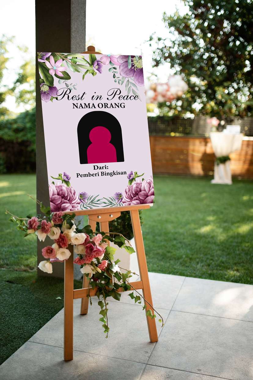 Acrylic Sign Tripod Kedukaan Bernuansa Ungu dengan Desain Bunga Peony yang Menawan dan Berkelas - Image 1